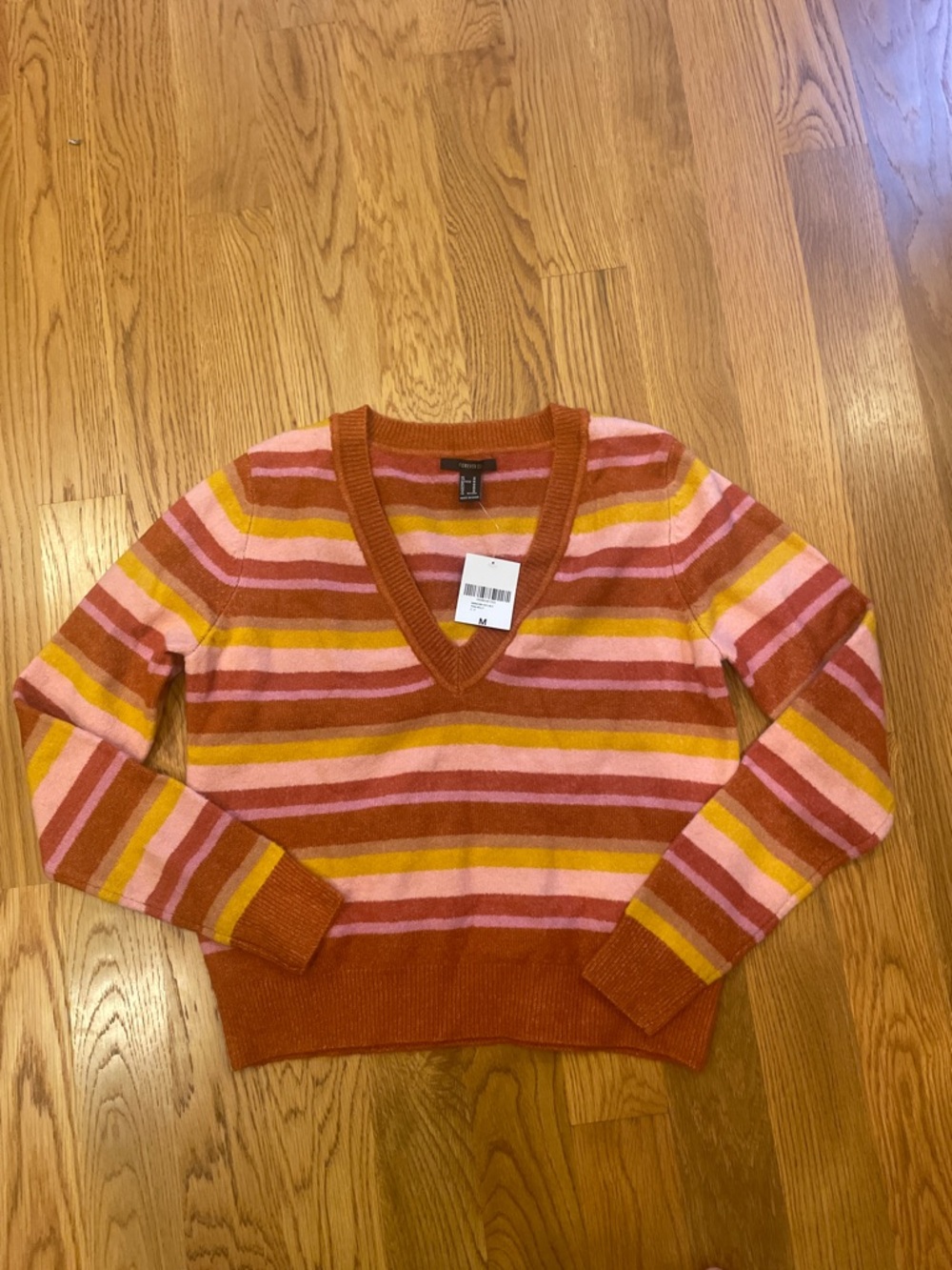 Super Soft Forever 21 Striped V-Neck Sweater in Rust, Pinks & Mustard M (OL2)